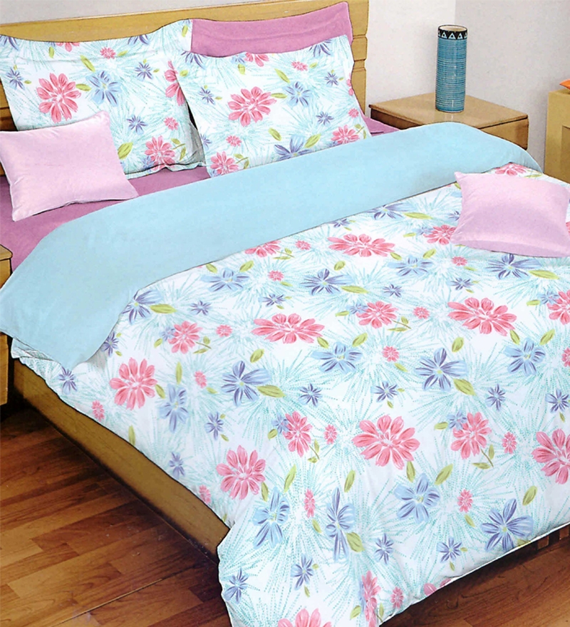 Bombay Dyeing La Rosa Light Blue Floral Double Bedsheet With 2 Pillow