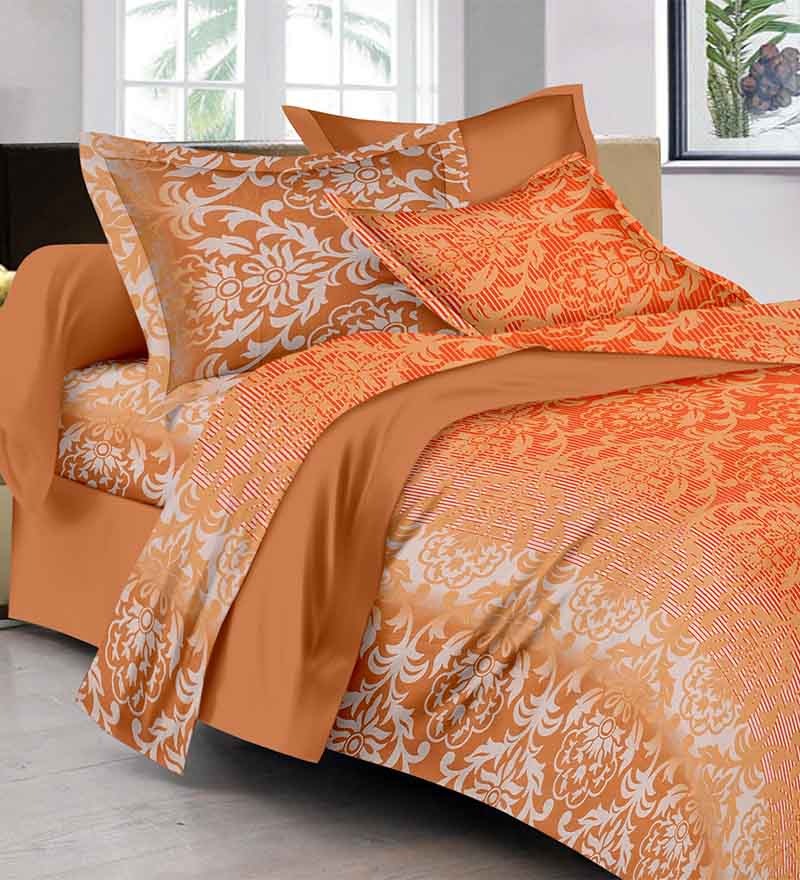 GRJ India Orange Cotton Double Bed Sheet Set by GRJ India Online Indian Ethnic Furnishings