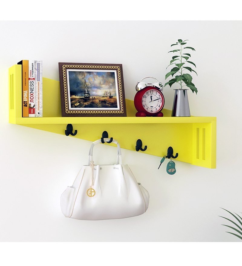 Home Sparkle Yellow Mango Wood Wall shelf with Key Holder by Home