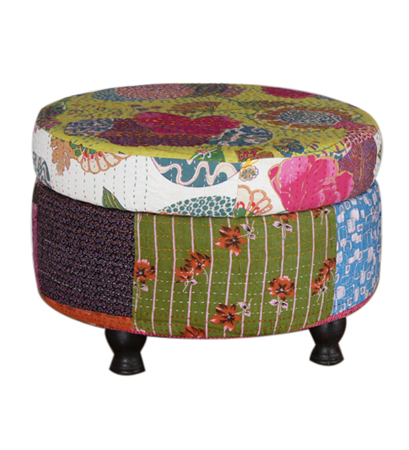 Kantha Fabric Pouffe cum Storage Box by Mudra Online Trunks & Boxes
