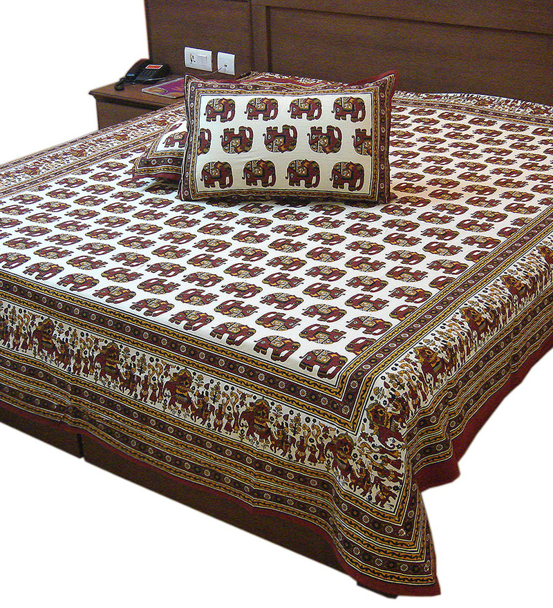 Buy Little India Rajshthan Red Cotton Ethnic Double Bed Sheet Set of