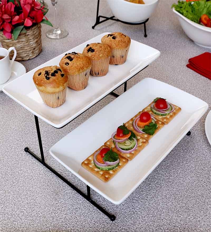 Pebbleyard Duet Rect Platter With Stand Set Of Three Pieces by