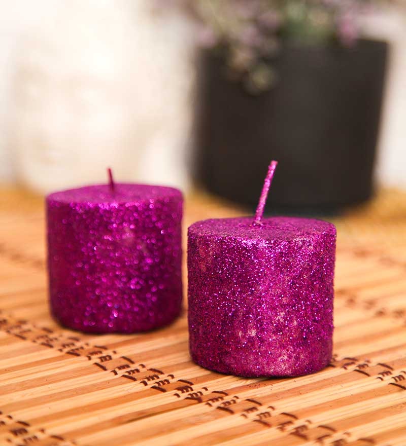 Purple Set Of 2 Big Decorative Small Pillar Shaped Sparkle Candle by