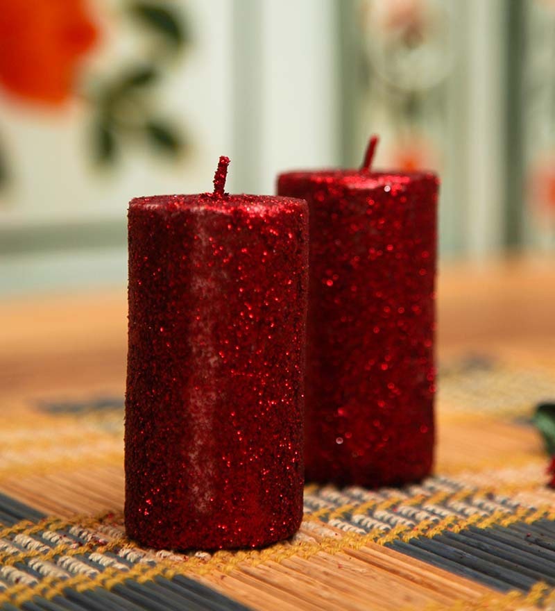 Red Set Of 2 Decorative Pillar Shaped Sparkle Candle by Blackberry
