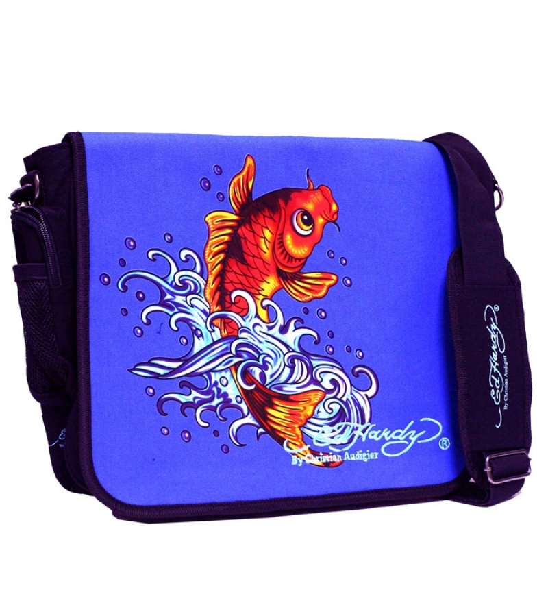 The Ed Hardy Leo Koi Fish Messenger Bag Royal Blue by Ed Hardy Online