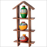 Sheesham Wood Hut Frame With 3 Terracotta Warli Handpainted Pots